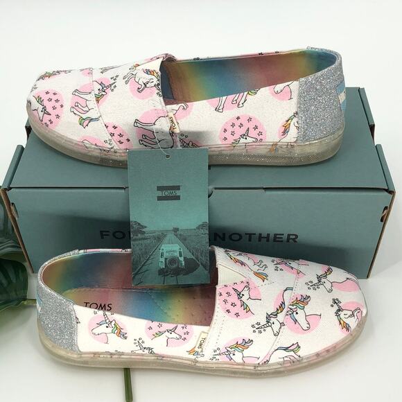 Toms Pink Pastel Glitter Shimmer Unicorn Exclusive Print Classic Slip On Shoes - Picture 8 of 8